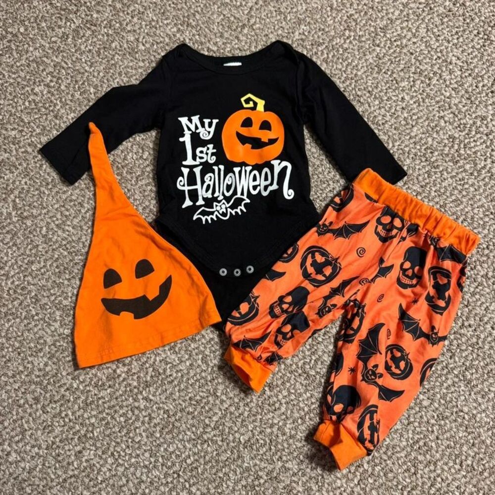 My 1st Halloween Baby 3pc Outfit Pumpkin Bandana Pants 0-3 Months